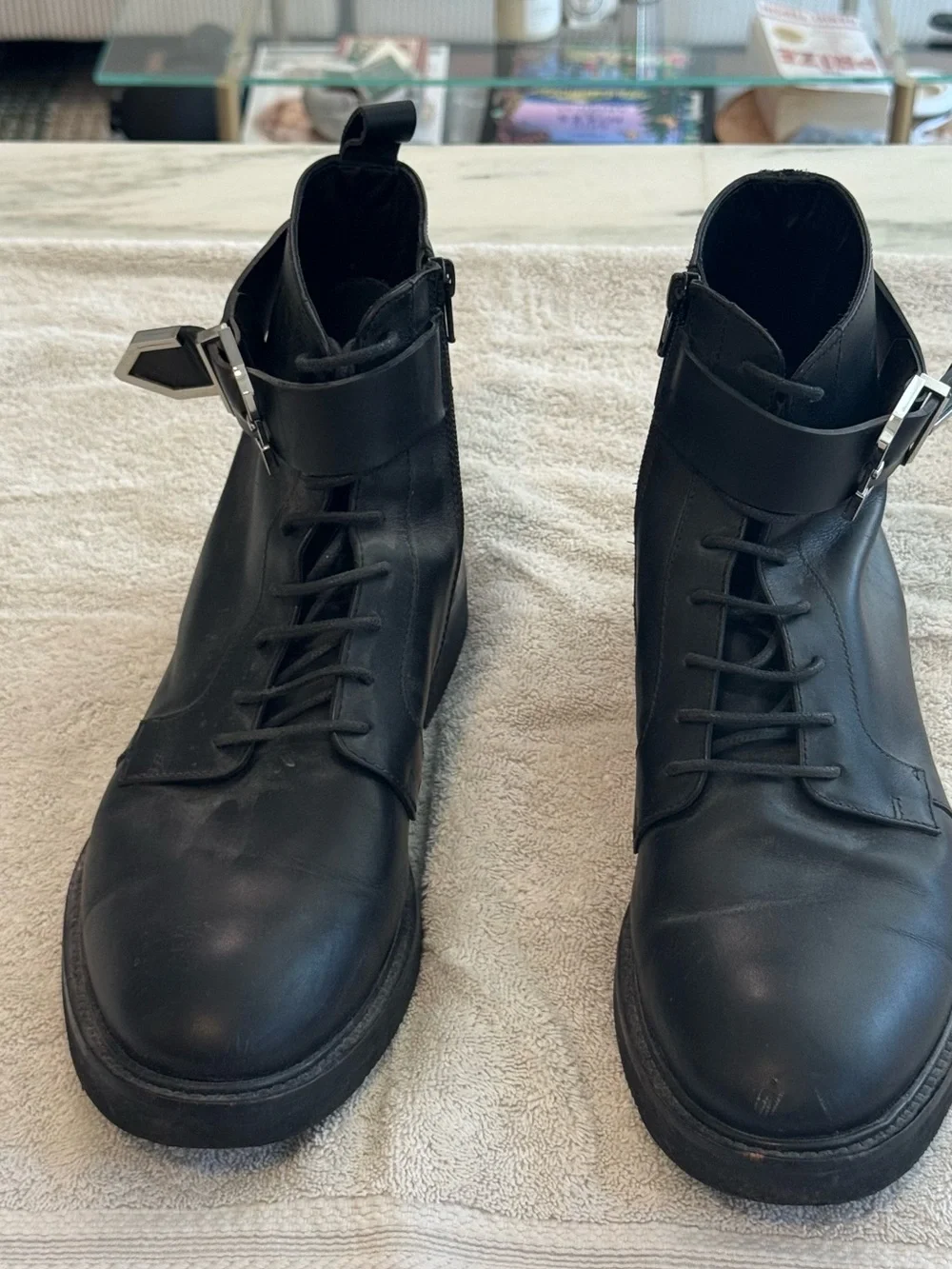 Versus Versace Black Leather Lace-Up Ankle Boots with Buckle